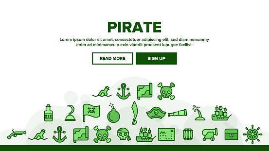 Pirate Things Landing Web Page Header Banner Template Vector. Pirate Triangle Hat And Sabre, Skull With Bandanna And Bones Illustration