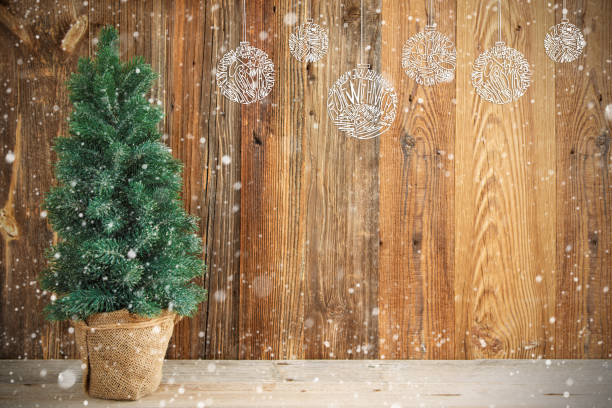 istock Wooden Brown Background, Christmas Tree, Copy Space, Snow, Ornament 1187320144