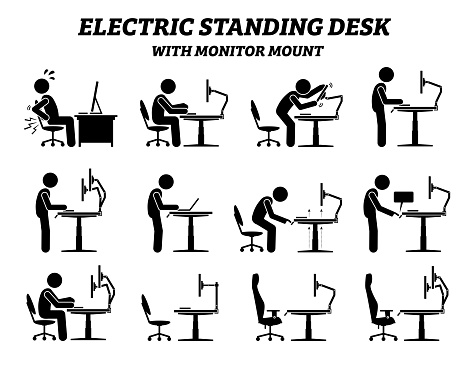 Stick figure pictogram icons depict man or a person using standing desk with adjustable height for office work at his computer workstation.