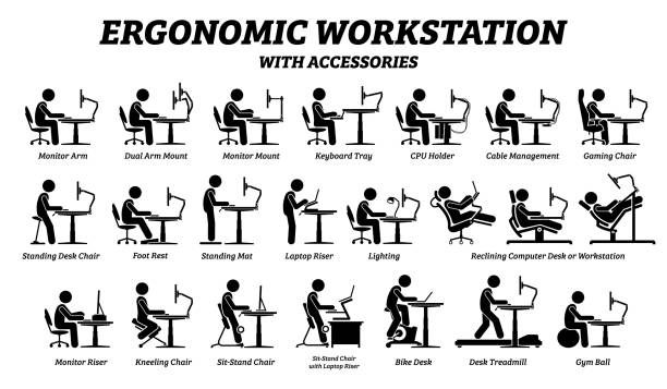 Ergonomic computer desk, workplace, and workstation. Stick figure pictogram icons depict ergonomic accessories for office work with good posture and support. ergonomics stock illustrations