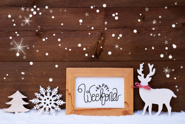 istock Deer, Snowflakes, Snow, Tree, Calligraphy Happy Weekend 1187320874
