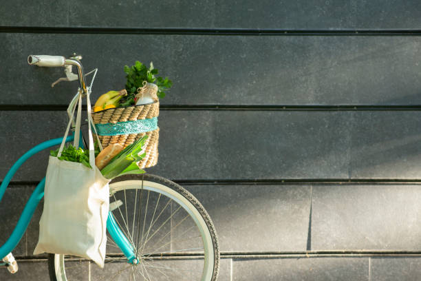 Eco friendly Bicycle with organic vegetables in cotton reusable bag
