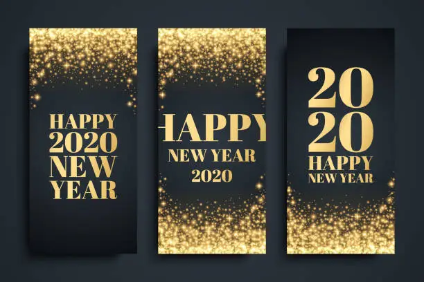 Vector illustration of 2020 Happy New Year celebrate flyers set with golden glittering sparks. Luxury New Year holiday backgrounds.