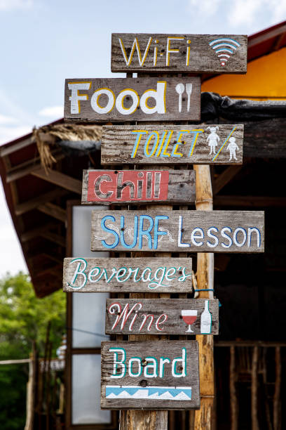 istock Plates with different offers services on the beach. 1187325125