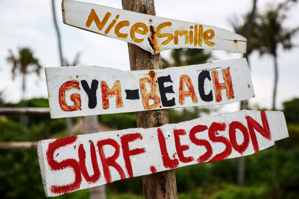 istock Tall post with colored wooden signboards pointing to various a beach services. Palm trees background. 1187325164