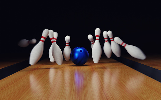Bowling Strike on black background. 3d render illustration