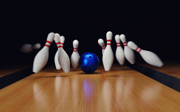 Bowling Strike on black background. 3d render illustration Bowling Strike on black background. 3d render illustration bowling strike stock pictures, royalty-free photos & images