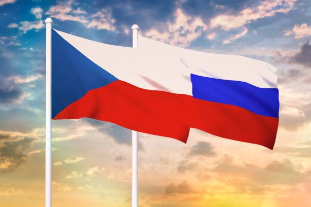 Relationship between the Russia and the Czech Republic. Two flags of countries on heaven with sunset. 3D rendered illustration.