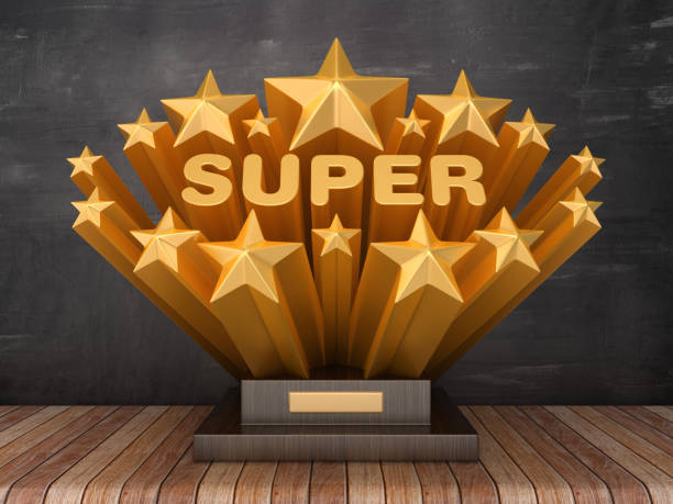 istock Gold Stars with SUPER Word  on Trophy - Chalkboard Background - 3D Rendering 1187327137