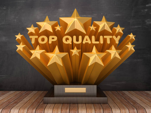 istock Gold Stars with TOP QUALITY Phrase on Trophy - Chalkboard Background - 3D Rendering 1187327210