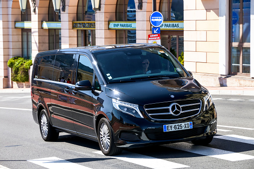 Monte-Carlo, Monaco - September 12, 2019: Luxury passenger bus Mercedes-Benz Viano (W447) in the city street.