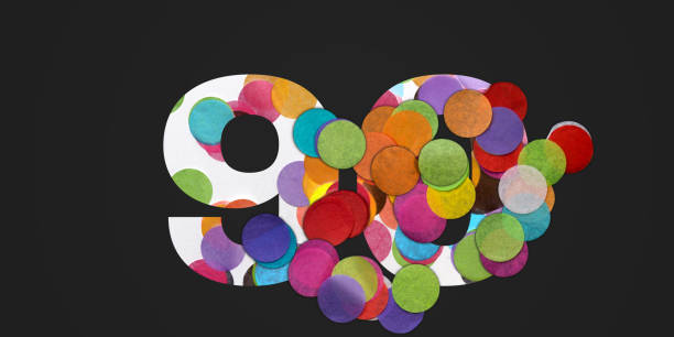 90 number ninety, graphic colorful digit and creative typography with many colourful wheels, confetti on black background. 90s music party.
