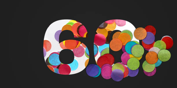istock 60 number sixty, graphic colorful digit and creative typography with many colourful wheels, confetti on black background. 60s music party. 1187331054