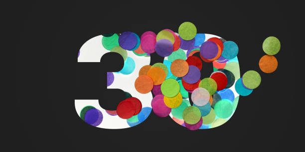 istock 30 number thirty, graphic colorful digit and creative typography with many colourful wheels, confetti on black background. 1187331055