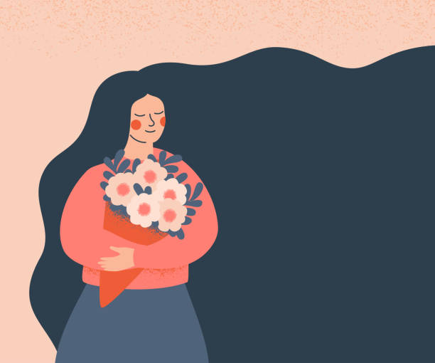 ilustraciones, imágenes clip art, dibujos animados e iconos de stock de mujer soñadora sosteniendo un ramo de flores. - amor ilustraciones
