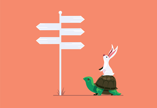 vector illustration of rabbit and tortoise finding direction