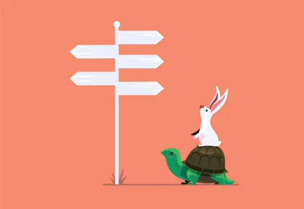 Vector illustration of rabbit and tortoise finding direction