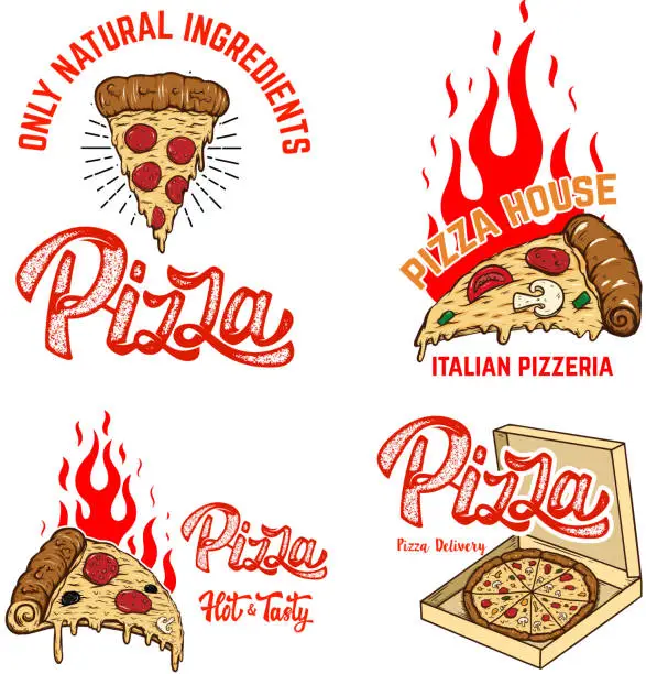 Vector illustration of Set of poster template with pizza and fire . Design element for poster, banner, sign, emblem. Vector illustration