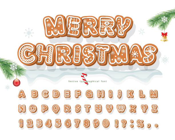 weihnachten lebkuchen cookie schriftart. bisquit traditionelle dekorative alphabet. hand gezeichnet cartoon bunte buchstaben, zahlen und symbole für feiertage design. vektor - plätzchen backen stock-grafiken, -clipart, -cartoons und -symbole