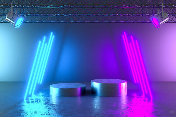 istock Ultraviolet Neon Laser Glowing Lines, Light Tunnel, Abstract 3D Background with Empty Product Stand, Platform 1187335207