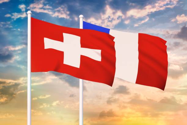 Relationship between the Switzerland and the France Relationship between the Switzerland and the France. Two flags of countries on heaven with sunset. 3D rendered illustration. french flag stock pictures, royalty-free photos & images