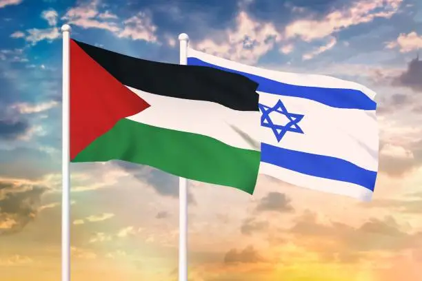 Relationship between the Israel and the Palestine. Two flags of countries on heaven with sunset. 3D rendered illustration.