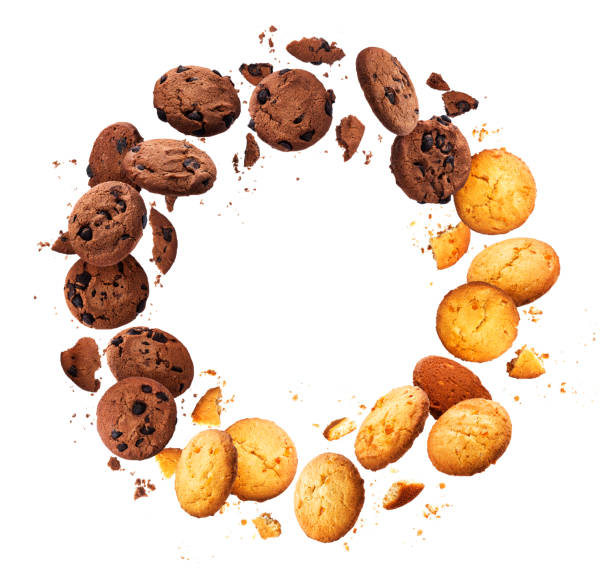 istock Round frame made of falling broken chip cookies isolated on white background 1187337289