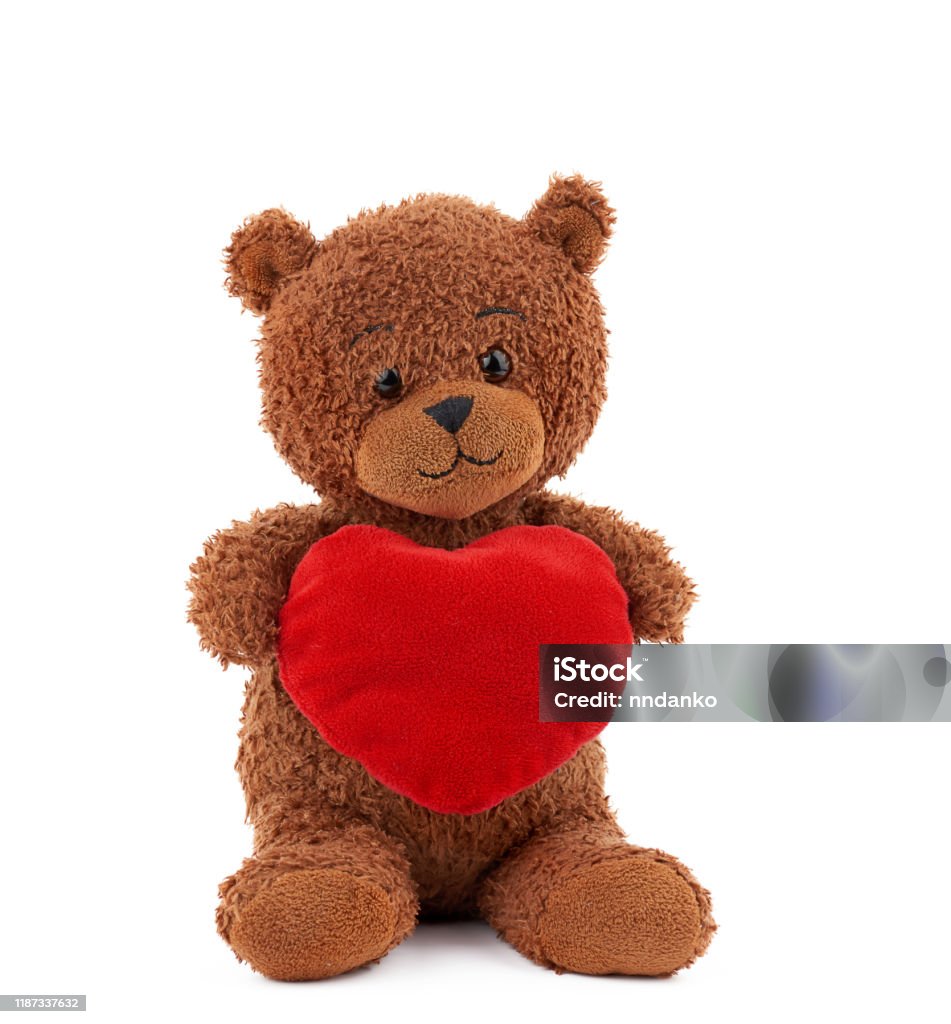 Cute Brown Teddy Bear Holding A Big Red Heart Stock Photo ...