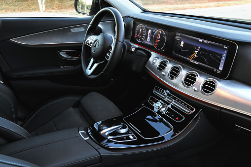 Catalonia, Spain - September 9, 2019: Interior of the luxury saloon car Mercedes-Benz E220d (W213).