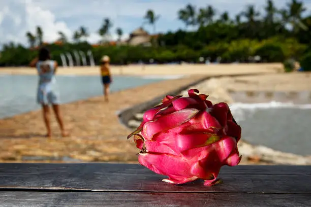 Photo of Dragon fruit on an exotic beach background.