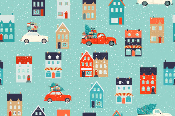 domy zimowe na boże narodzenie i czerwony samochód retro z jodłą i prezentami. świąteczne tkaniny i wystrój. bezszwowy wzór. - seamless house pattern town stock illustrations