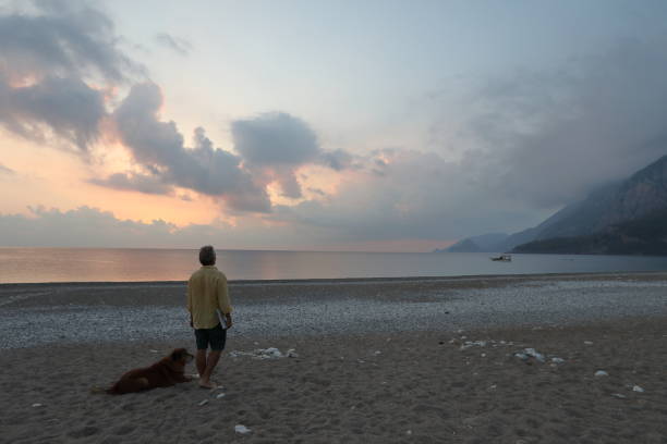 istock Man walks down beach with dog at sunrise 1187346561