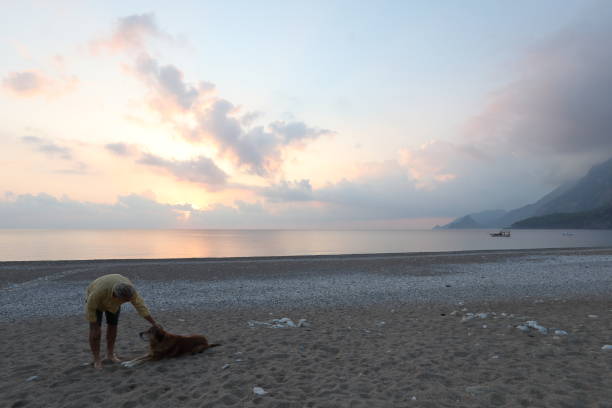 istock Man walks down beach with dog at sunrise 1187346798