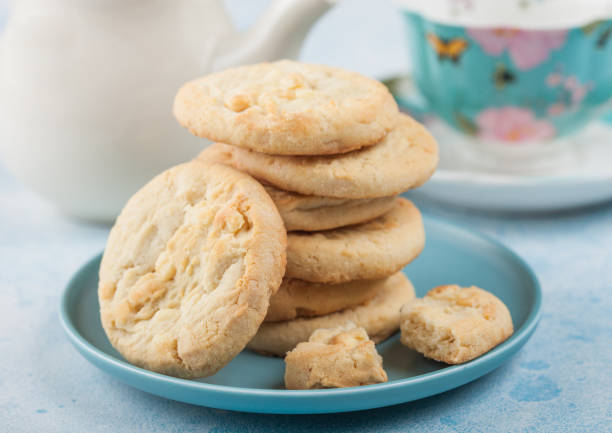 istock White chocolate biscuit cookies on blue ceramic plate with tea pot and cup on blue kitchen table background. 1187347086