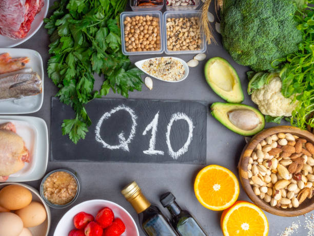 Vijandig Leggen Maan Composition With Food Contains Coenzyme Q10 Antioxidant Produce Energy To  Cell Products Against Free Radicals And Supports Body As It Ages Immune  System Keeping Body Strong And Healthy Stock Photo - Download