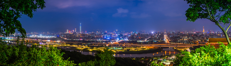 The vibrant neon night cityscape of central Taipei framed by the leafy foliage of Jiantanshan, Taiwan.