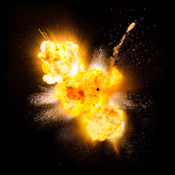 istock Realistic fiery bomb explosion with sparks and smoke isolated on black background 1187351994