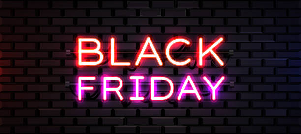 istock Black Friday realistic neon sign for decoration and covering on brick background. Concept of sale, clearance and discount. 1187352014