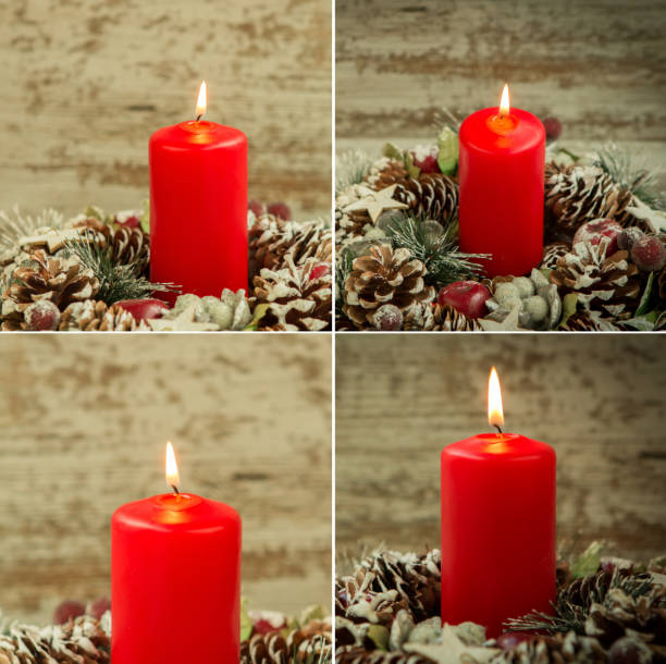 istock Four images with red candle lit and pinecones for Christmas 1187352255