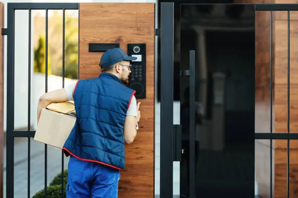 Photo of Rear view of a courier ringing on customer's intercom while making home delivery.