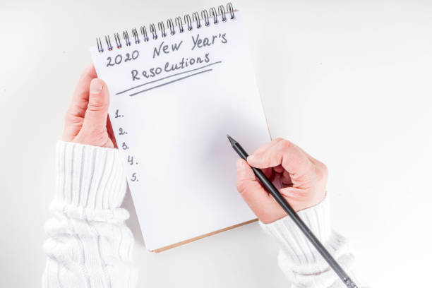 istock Woman hands write new year goals 1187355829