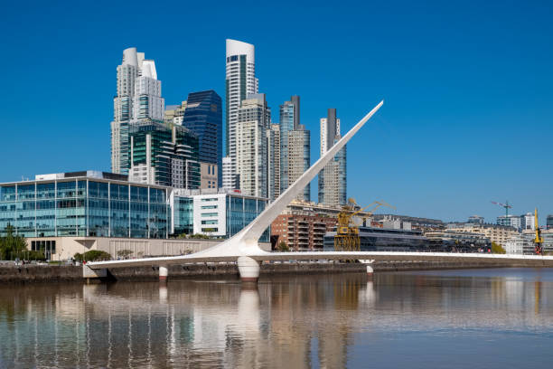The Waterfront (Puerto Madero), Buenos Aires, Argentina. The Waterfront (Puerto Madero) with the Puente de la Mujer suspension bridge in Buenos Aires, Argentina, South America. puente de la mujer stock pictures, royalty-free photos & images
