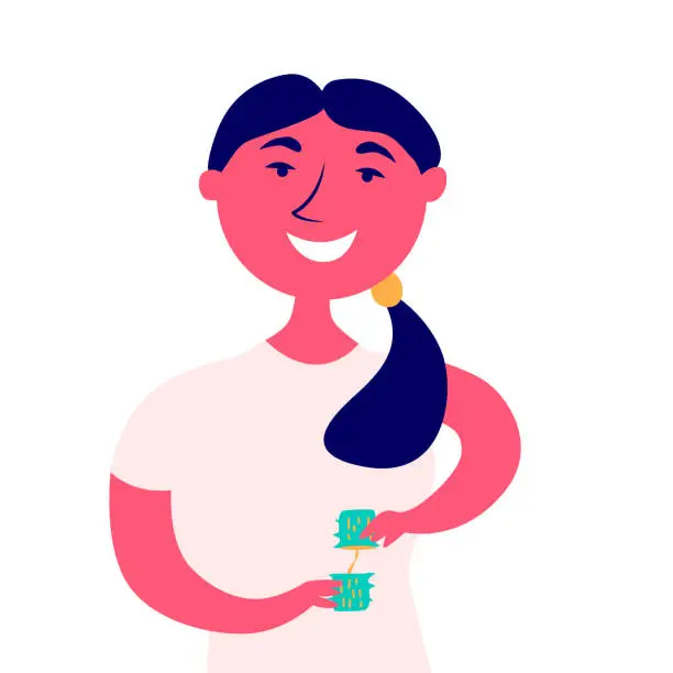 Vector illustration of A girl holds a broken in half aloe Vera leaf in her hands to get the juice