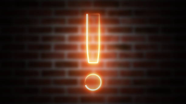 istock Exclamation mark neon sign on a background of brickwork, computer generated. 3d rendering of wireframe symbol with glowing laser light 1187357953