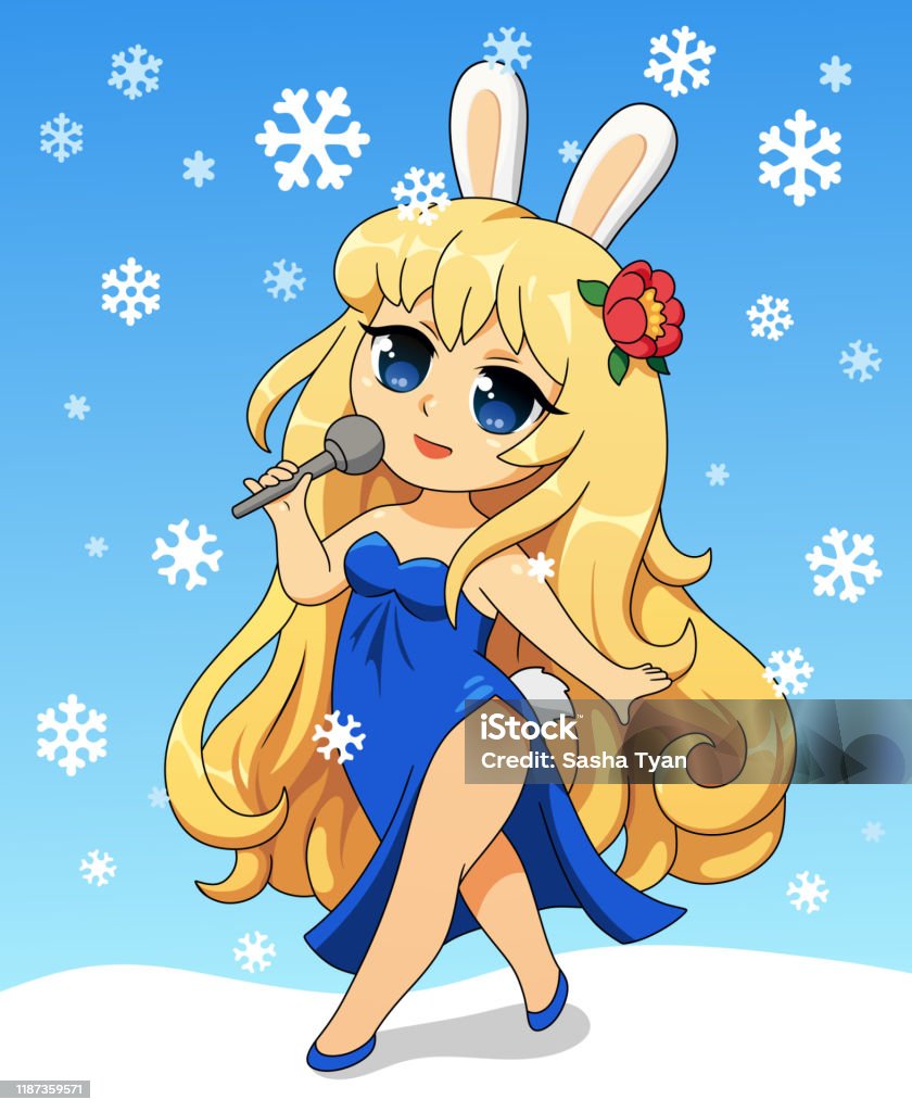 Cô gái chibi trong anime dễ thương chúc mừng Giáng Sinh và Năm mới bằng thiệp giáng sinh với hình ảnh hoạt hình vector minh họa.