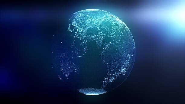 istock Globe composed of particles and dots illuminated by rays of light. Computer generated 3d rendering of digital earth 1187359756