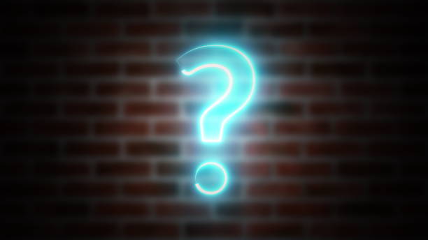 istock Question mark neon sign on a background of brickwork, computer generated. 3d rendering of wireframe symbol with glowing laser light 1187359823