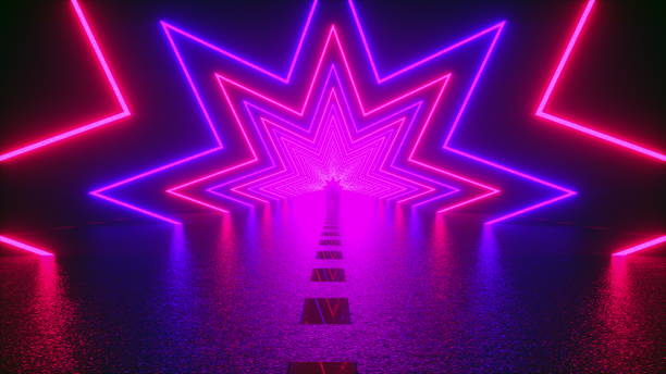 3D rendering, abstract background, virtual reality, computer generated fluorescent ultraviolet light, glowing neon lines, a star tunnel with a straight road stock photo