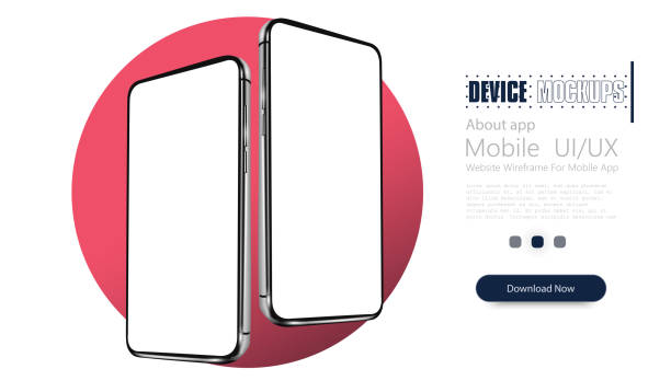 smartphone-mockup. moderne rahmenlose smartphones, generische handy-geräteseite, isometrischeansicht design. vorlage für infografiken oder präsentations-ui-design-schnittstelle. 3d realistische telefone. vektor - flachwinkelansicht stock-grafiken, -clipart, -cartoons und -symbole
