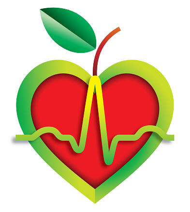 A heart shaped apple with a heartbeat pulse trace running across it . Isolated.